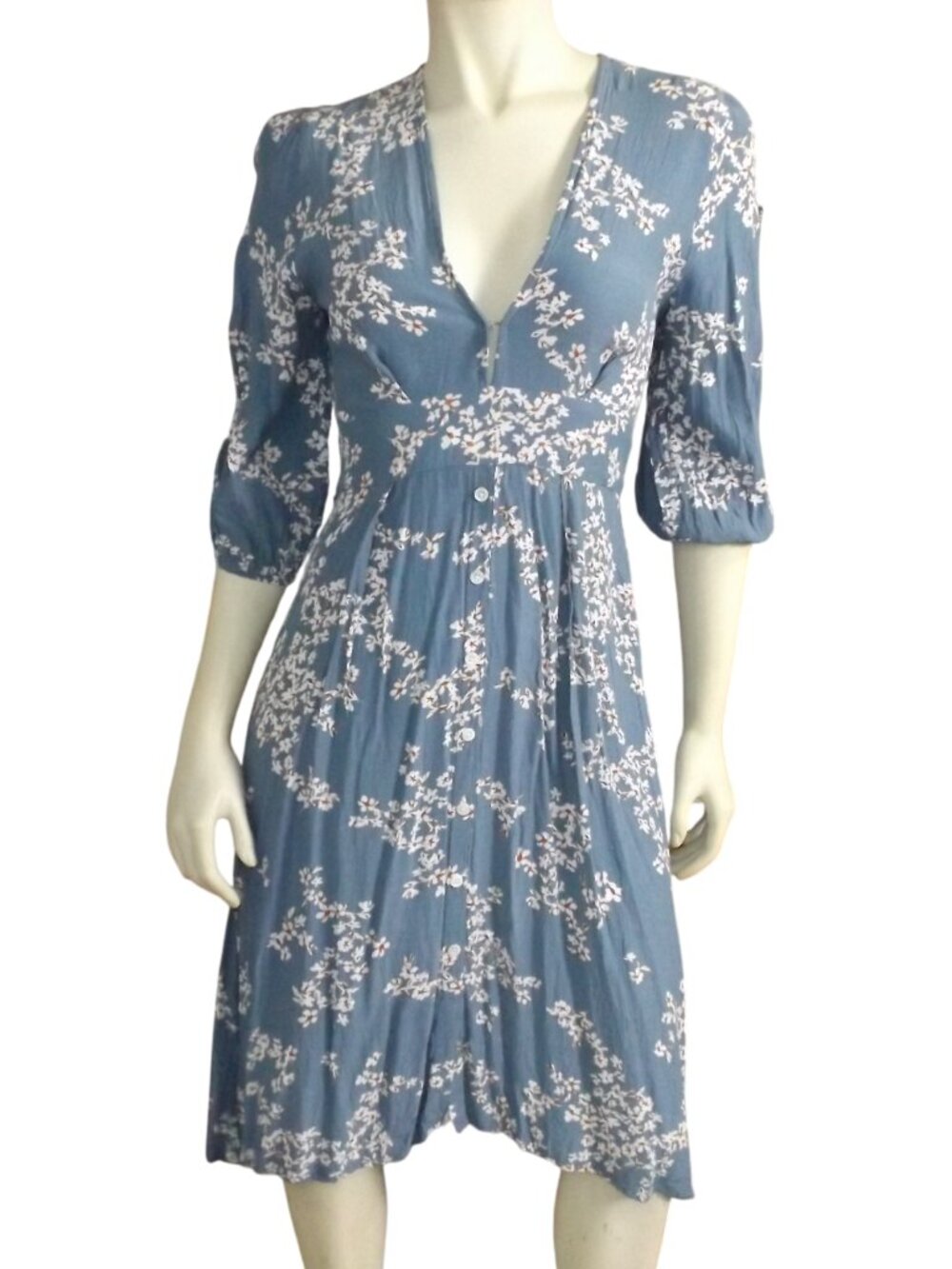 FAITHFULL THE BRAND Dress, 4, Blue/white floral, 3/4 sleeve, Plunge V-neck, Tie